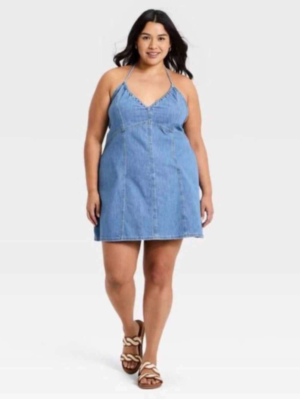NWT Universal Thread Women's Denim Halter Mini Dress, Medium Wash, XL